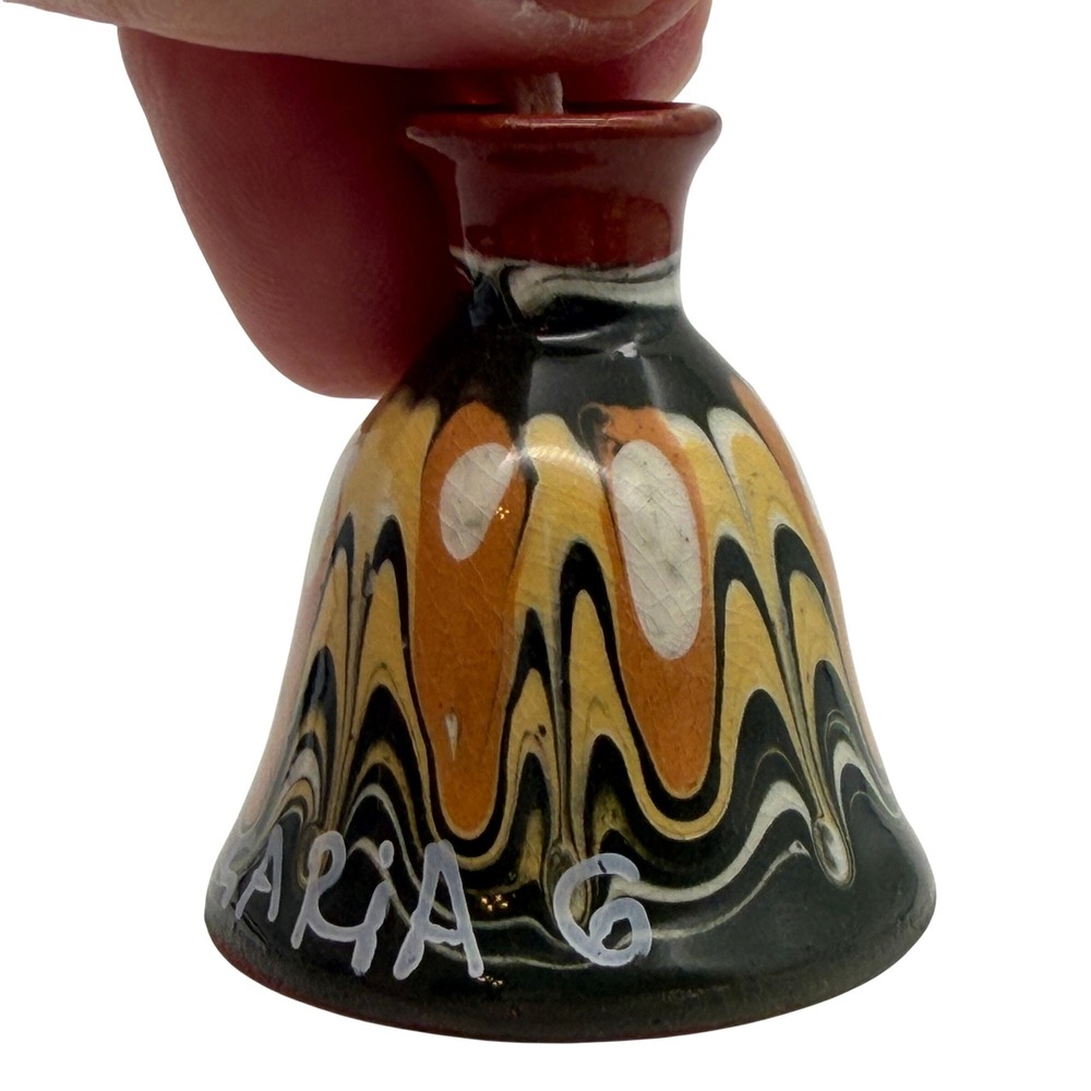 Vintage Bulgarian Troyan Pottery Bell ornament Handmade Drip Glaze folk art